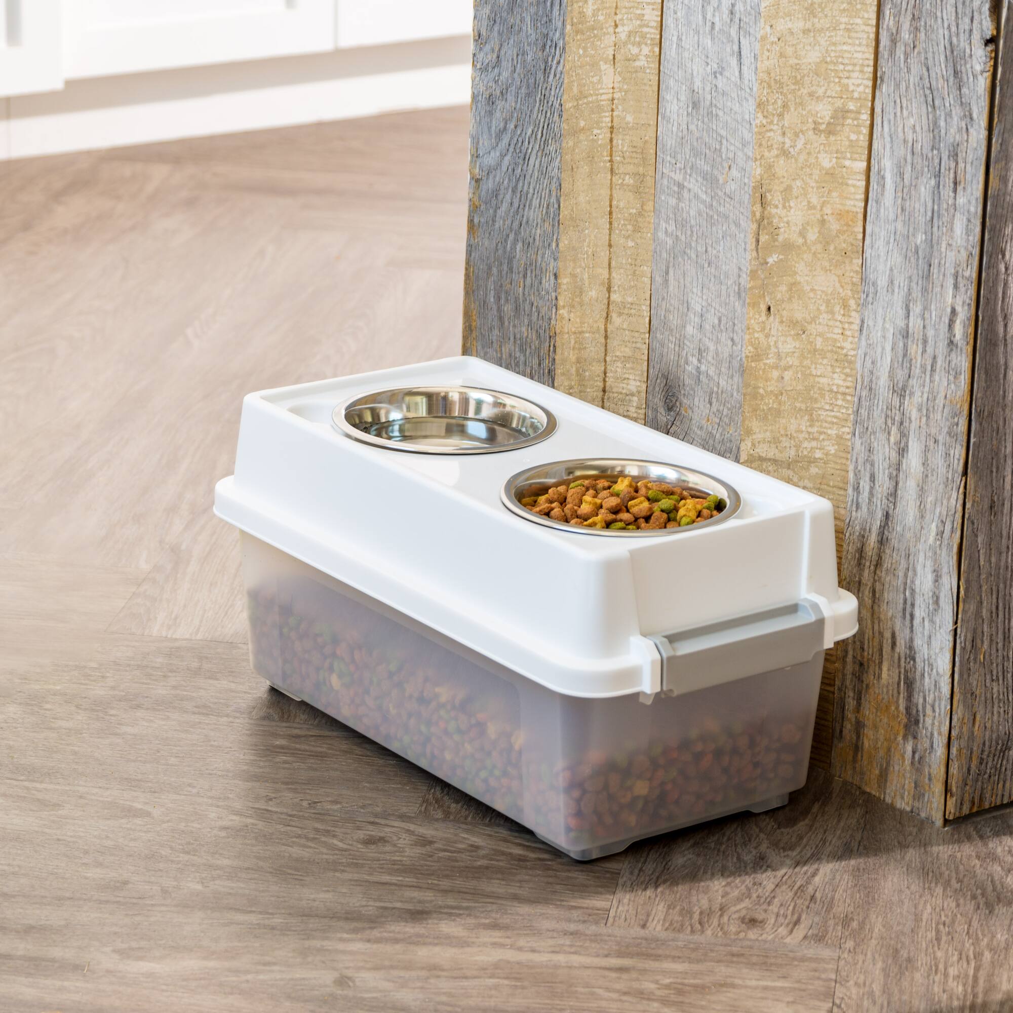 IRIS 12qt. Clear/White/Gray Airtight Elevated Feeder Storage Container